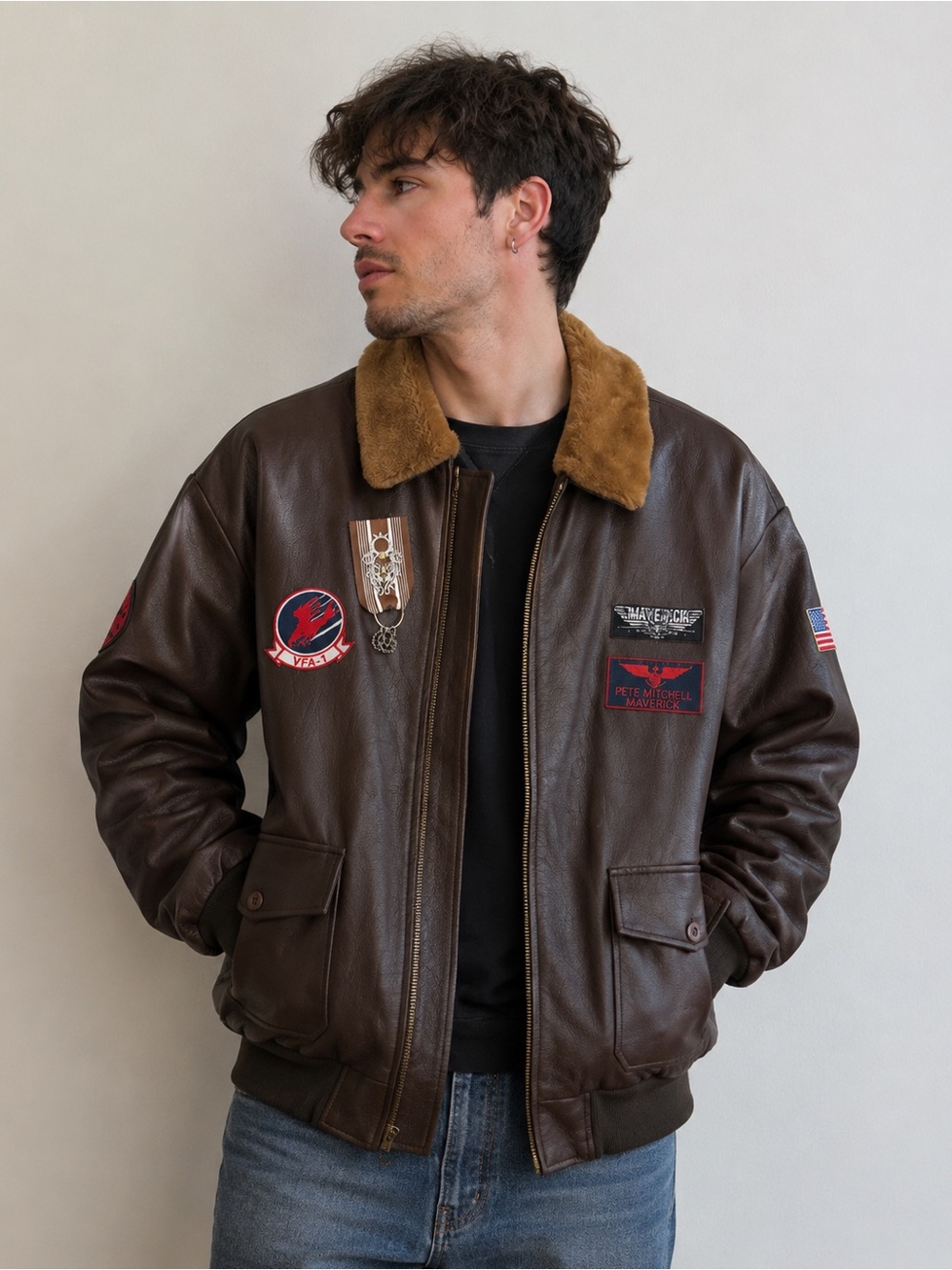 Vintage Brown Leather Bomber Jacket | Shearling Collar | Top Gun Style |Size XXL